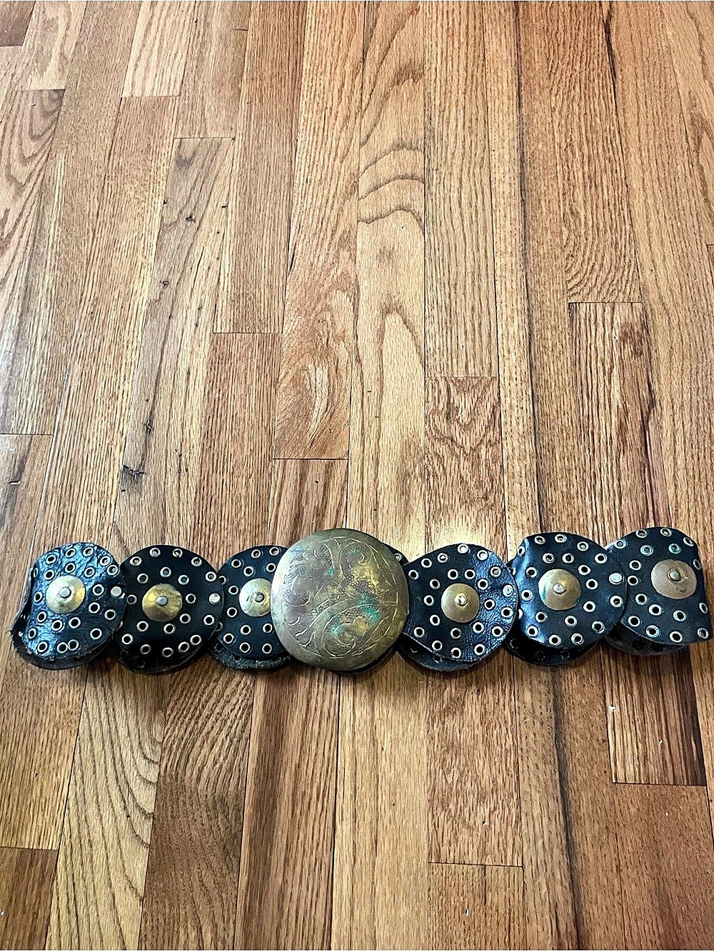 Vintage 70s 80s Moroccan Leather Grommet Disc Belt Black Western Medallion Belt - Picture 1 of 11